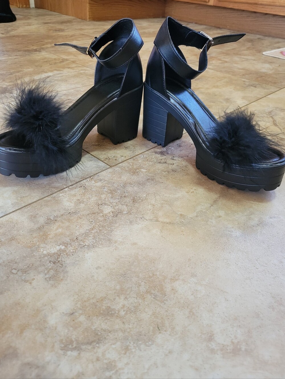 Black Faux Fur Platform Ankle-Strap Heels